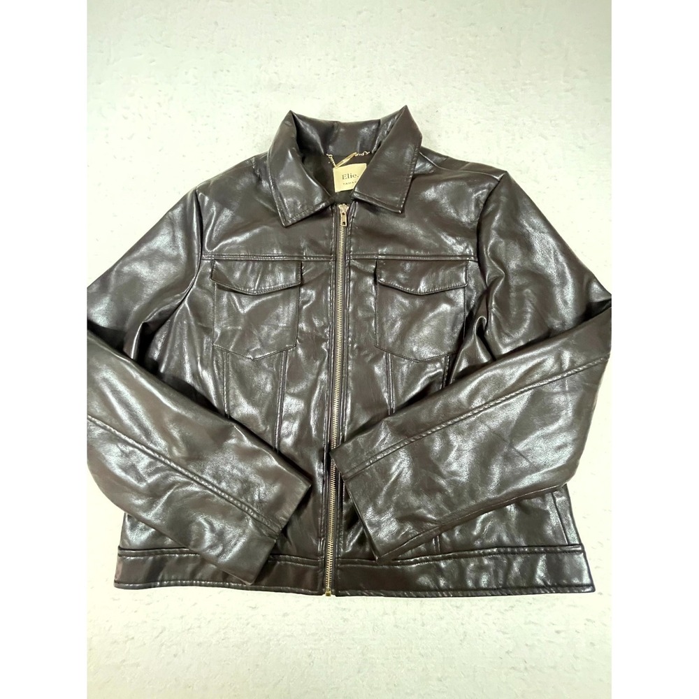 Elie Tahari Faux Leather Moto Jacket Womens‎ XL Brown Cropped Zip Front Outdoor